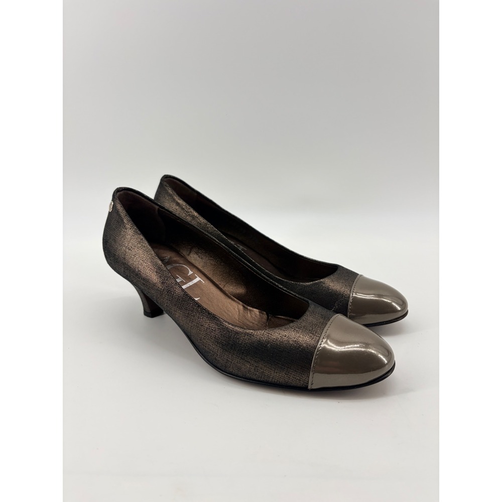 AGL Kitten Heels Women 37.5 Bronze Grey Patent Cap Toe Italian Pumps Luxury